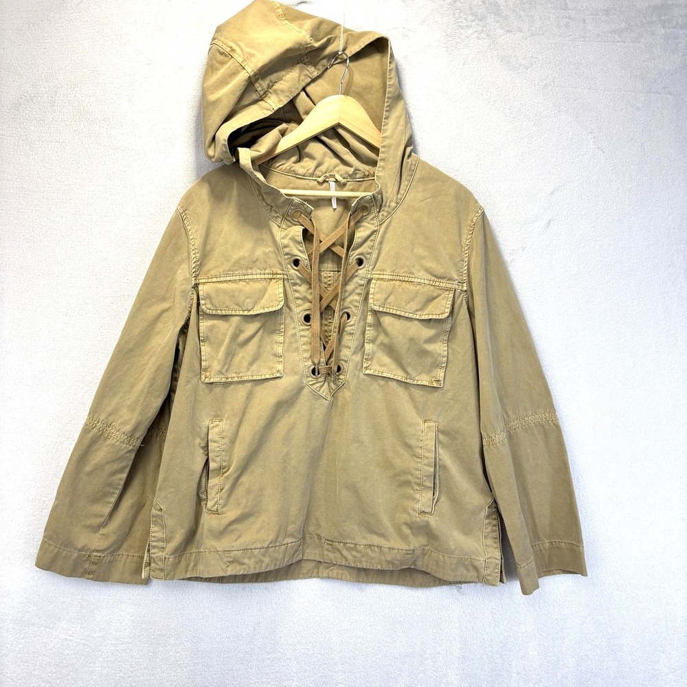 Free People Lace Up Anorak Jacket Womens Large Tan Beige Hooded Utility Cotton